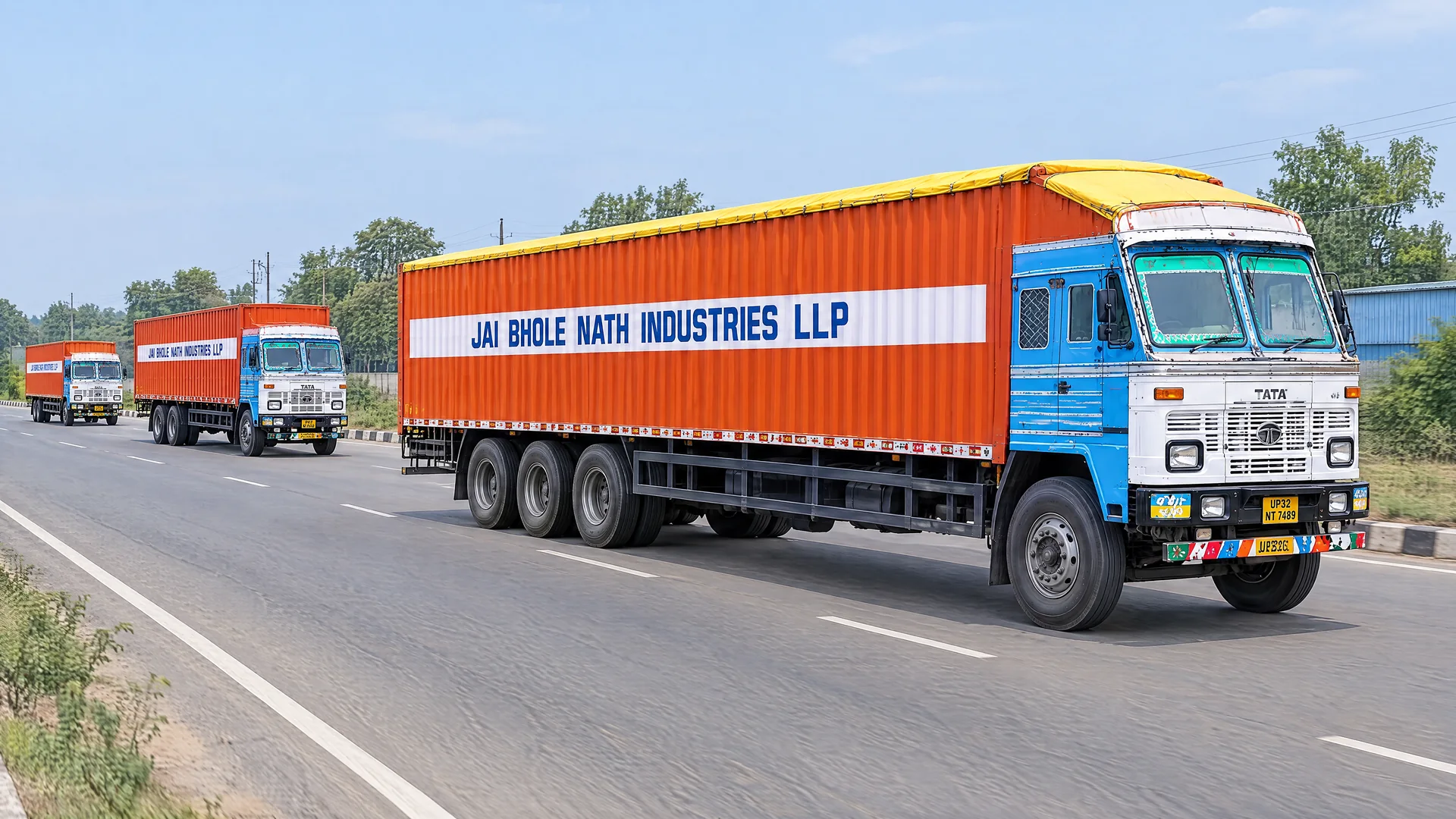 Illustrative company container trucks on a highway route