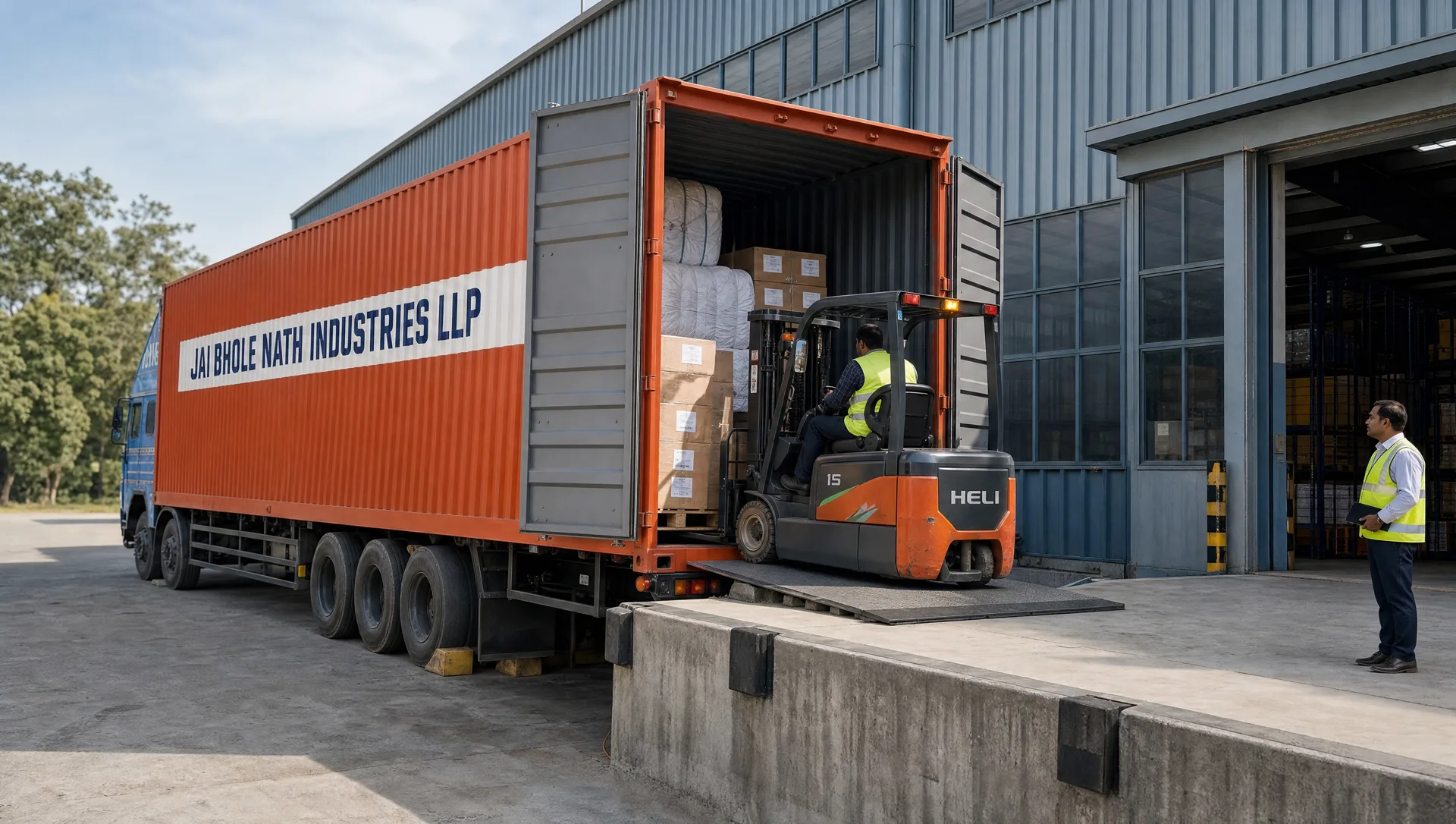 Illustrative forklift entering the rear of a company truck from a raised factory loading dock