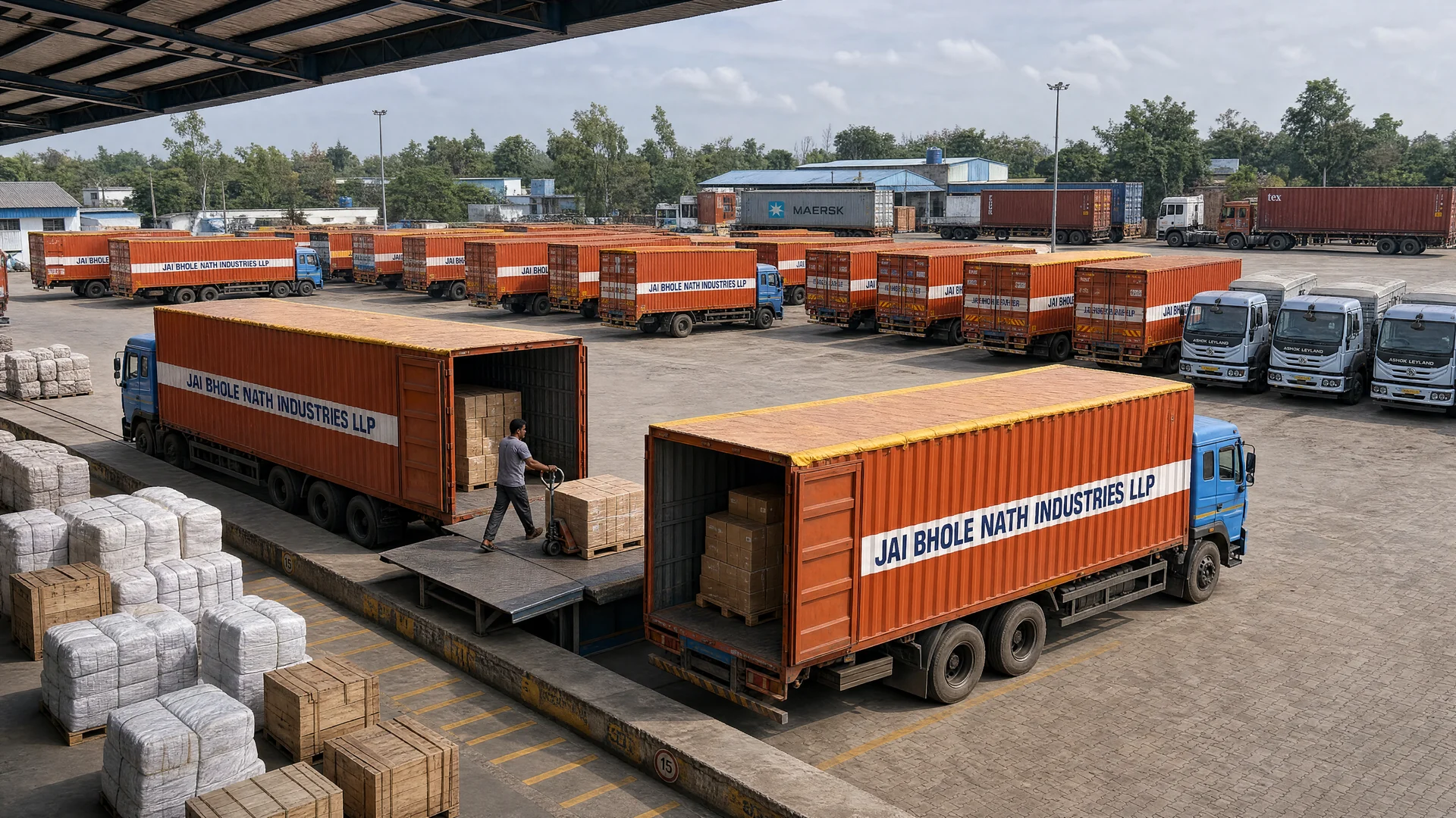 Illustrative rear-to-rear cargo transfer with mixed consignments and fleet in the background