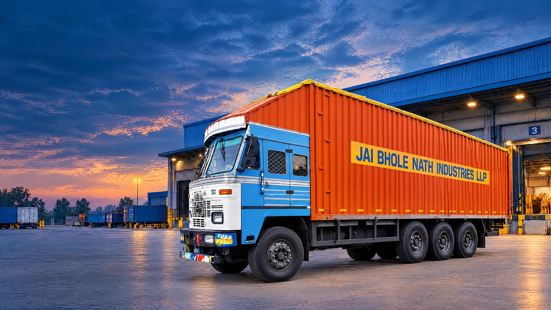 Jai Bholenath Transport long-body Indian truck in a clean logistics yard