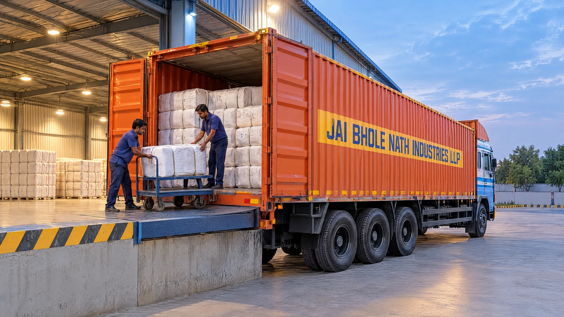Illustrative full truck load of textile bales filling the truck at a rear loading dock