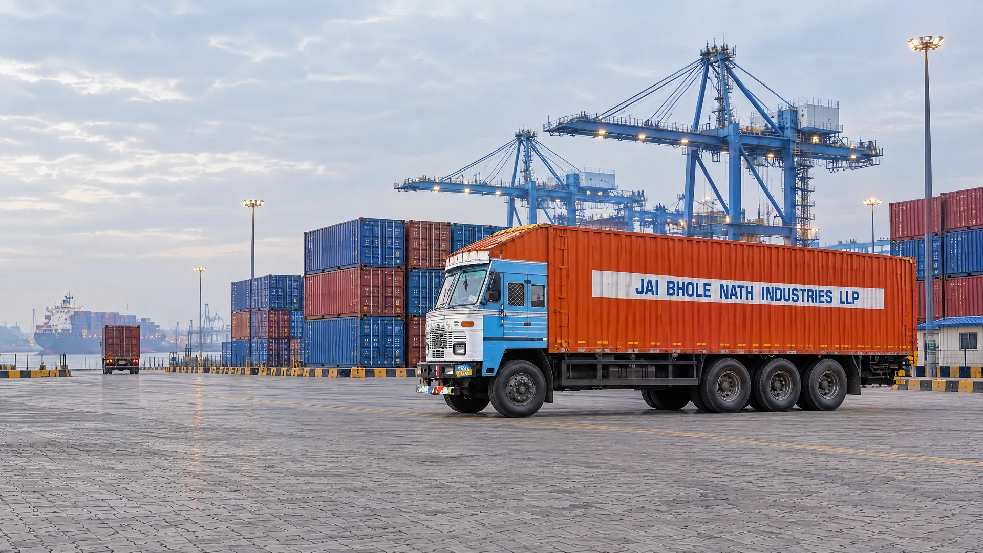 Illustrative port-linked road corridor with container stacks and cranes