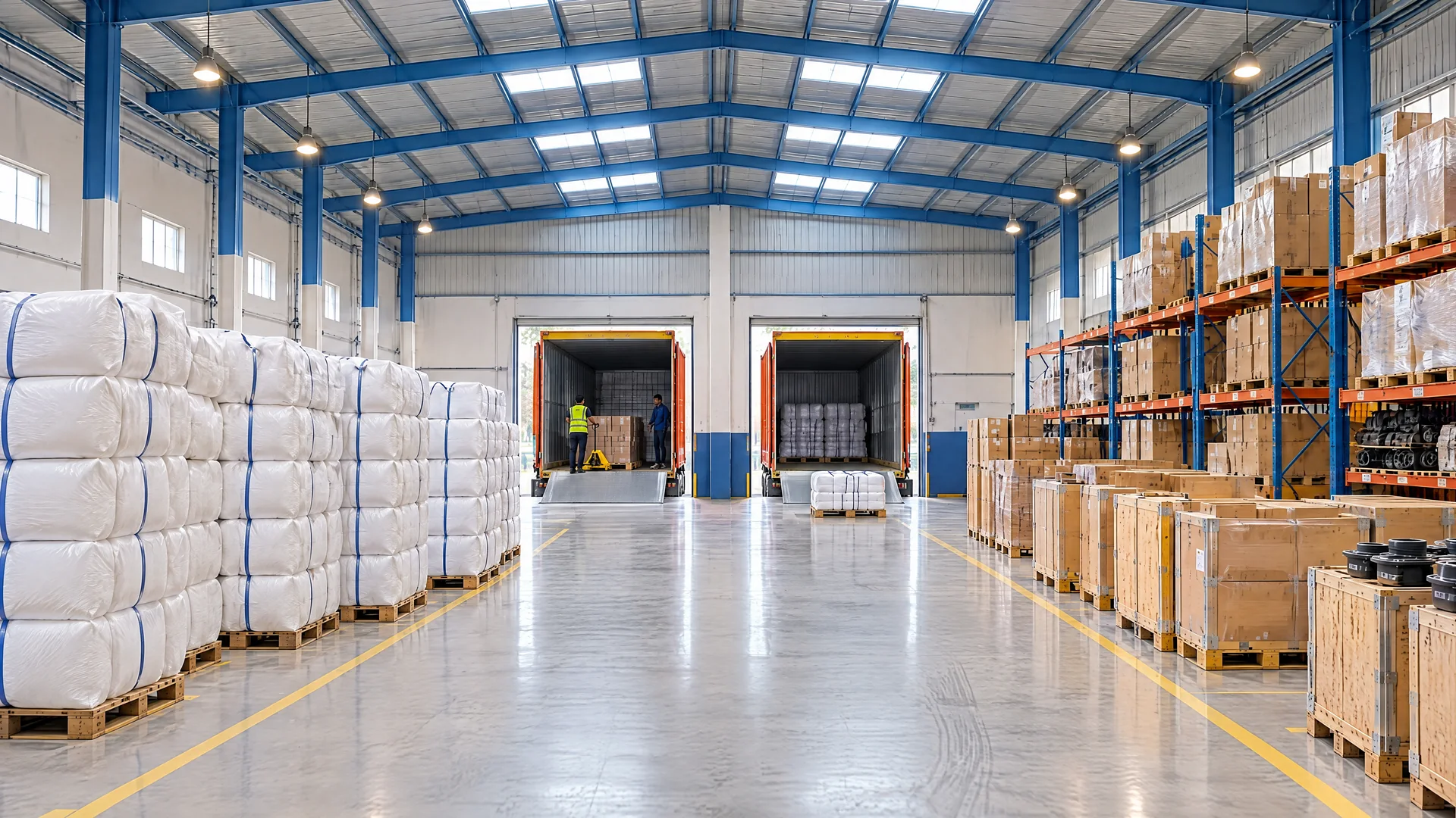 Illustrative inventory warehouse with truck loading bays at the far end